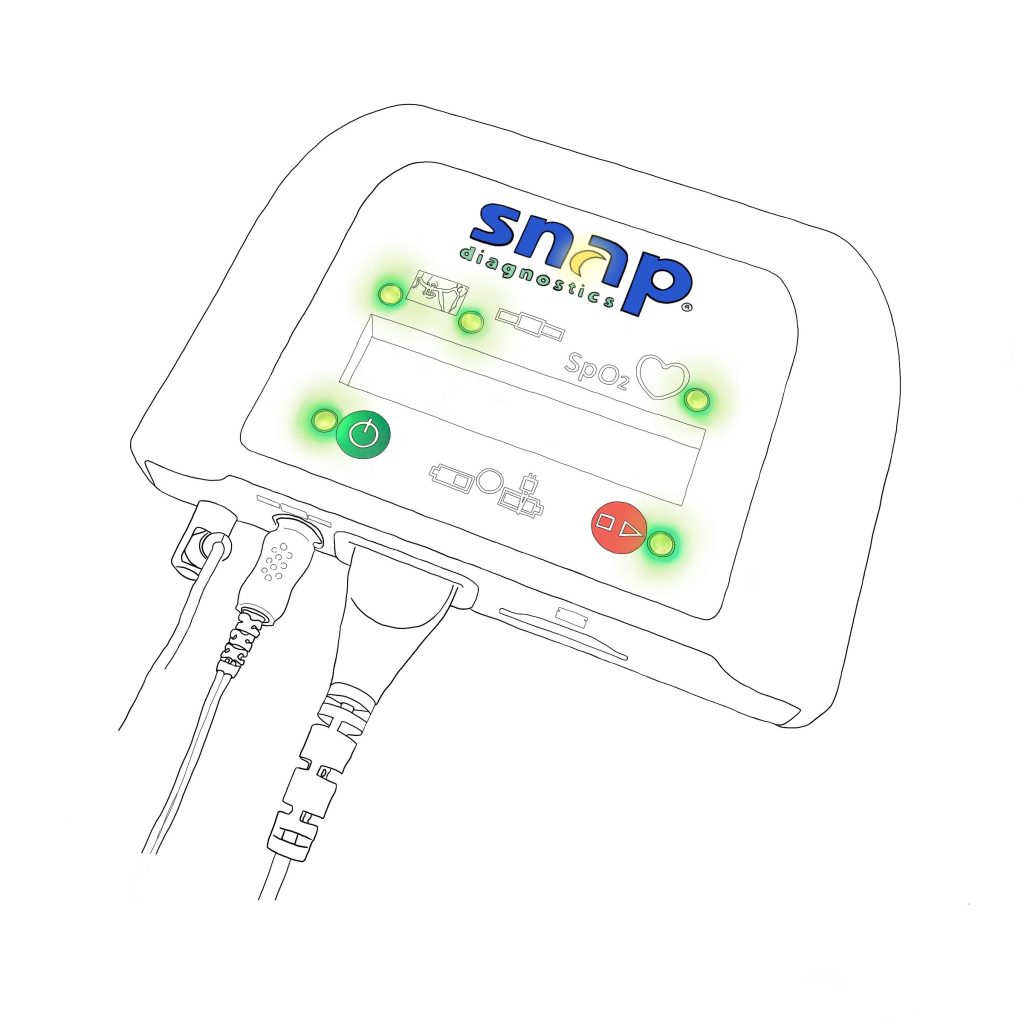 A drawing of the red record button on the Snap Model 8 device with the green recording indicator illuminated