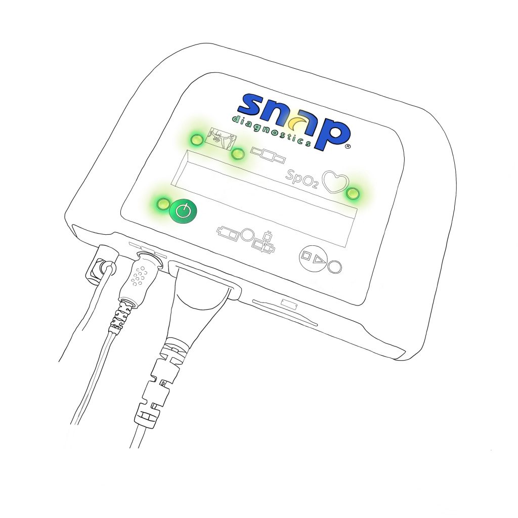 A drawing of the green power button on the Snap Model 8 sleep recorder