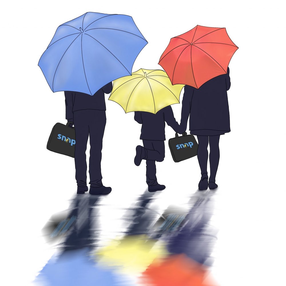 A drawing of three people holding Snap Diagnostics home sleep apnea test kits covered under colorful umbrellas symbolizing insurance coverage