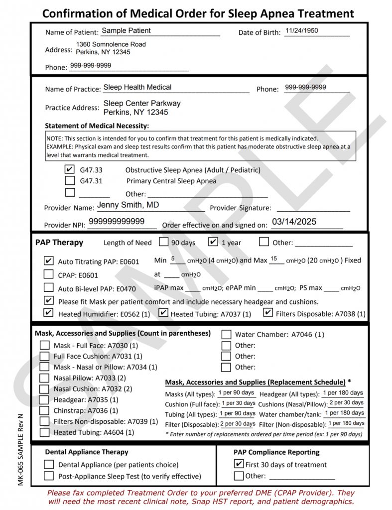 Sample Snap Diagnostics Medical Order For Treatment form